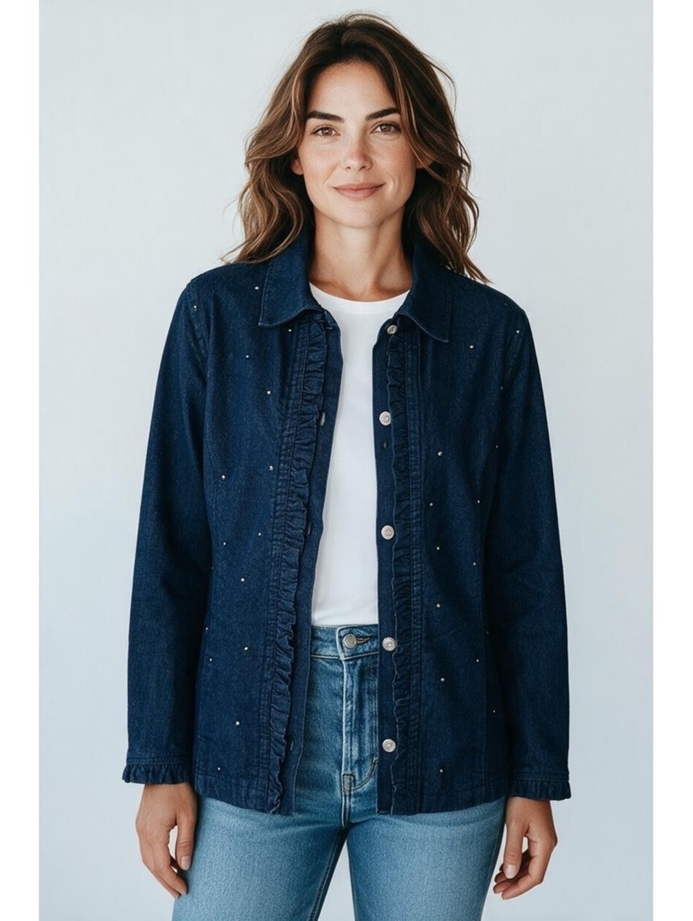 Woman’s Quacker Factory Denim Jacket XS Rhinestone Ruffle Front  Jean Jacket